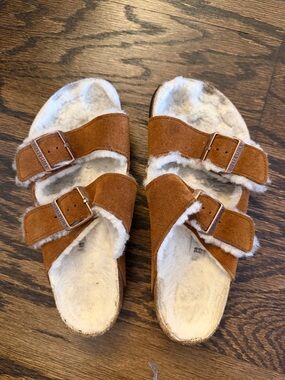 Birkenstock Faux-Shearling Suede Slide Sandals - Brown